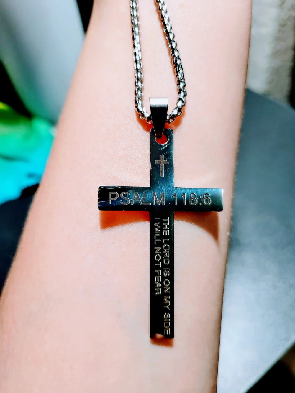 Psalm 118:6 Stainless Steel Cross Pendant Necklace - Silver
